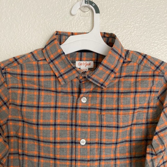 Cat & Jack Plaid Long Sleeves Shirt Boys Medium 8 10 Button Down Orange Gray - Picture 4 of 6